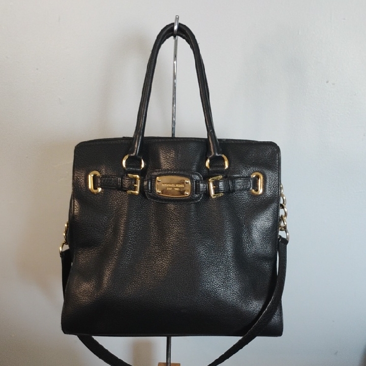 Michael Kors Pebbled Leather Shoulder Handbag With Mk Logo Gold Tone Hardware
